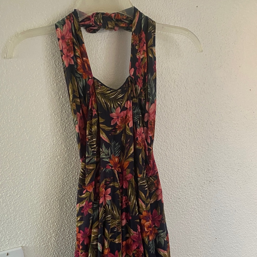 American Eagle Navy with tropical floral wide leg halter jumpsuit size small